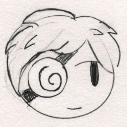 Pencil drawing of a guy with messy hair and a eyepatch displaying a spiral